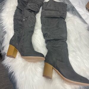 Gray Over the Knee Suede Boots with Chunky Heel